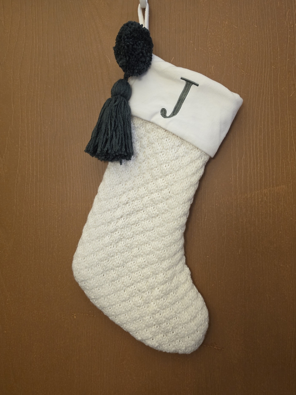 Cream Monogrammed "J" Holiday Stocking with Green Tassel